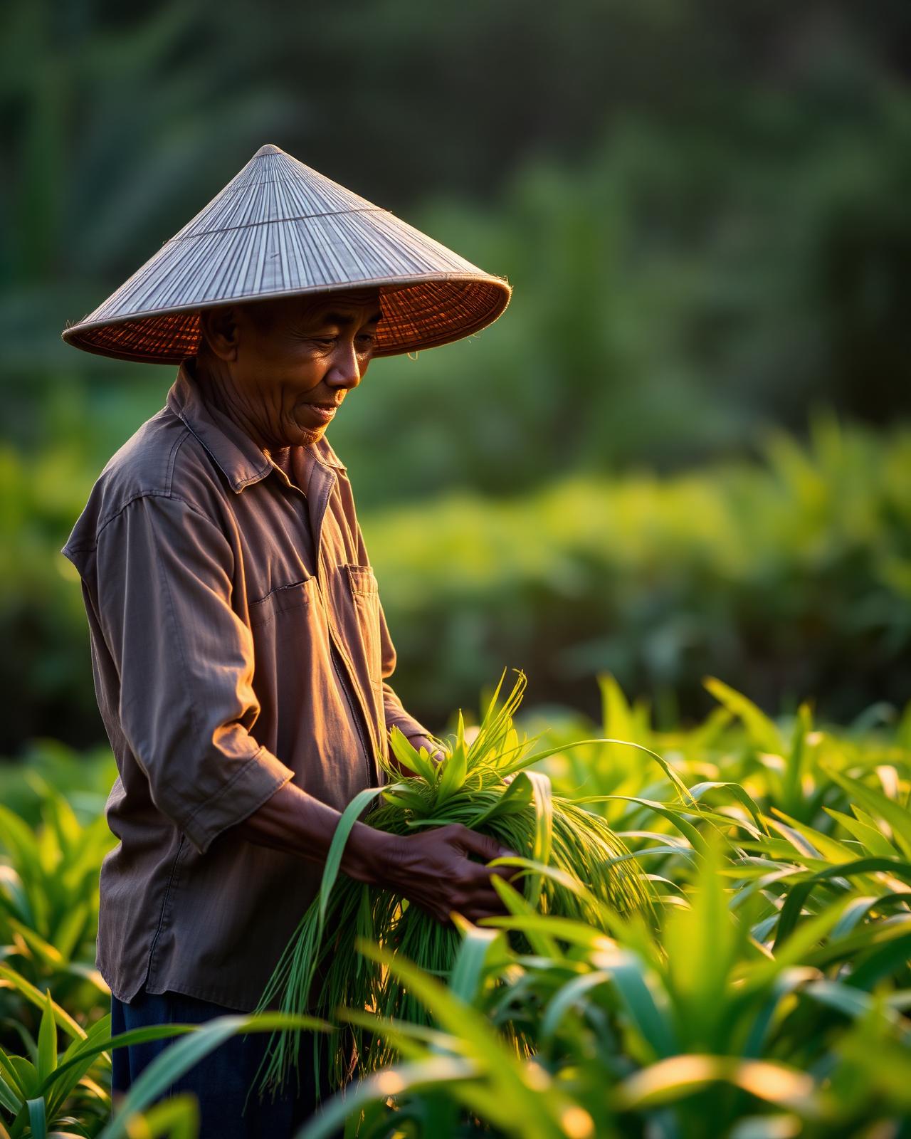 Indonesian farmer harvesting moringa leaves